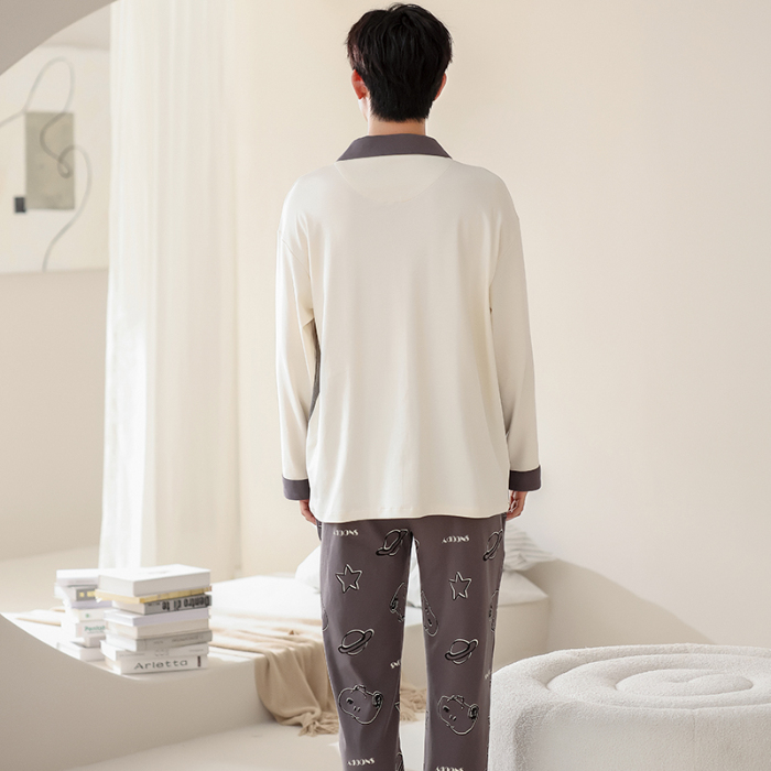 91家纺网 家纺一手货源 找家纺 春秋季新款纯棉休闲简约睡衣高级质量家居服夏季男士宽松舒适睡衣翻领 699男