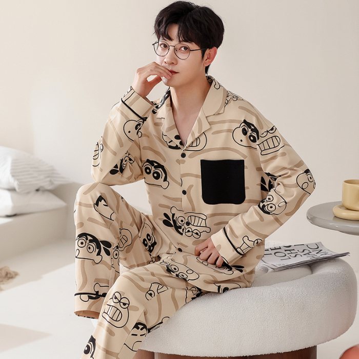 91家纺网 家纺一手货源 找家纺 春秋季新款纯棉休闲简约睡衣高级质量家居服夏季男士宽松舒适睡衣翻领 709男