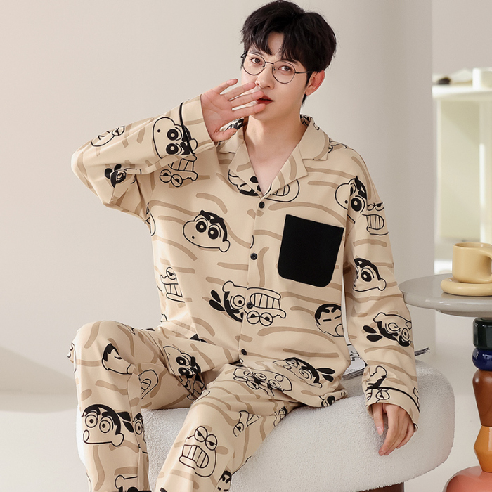 91家纺网 家纺一手货源 找家纺 春秋季新款纯棉休闲简约睡衣高级质量家居服夏季男士宽松舒适睡衣翻领 709男