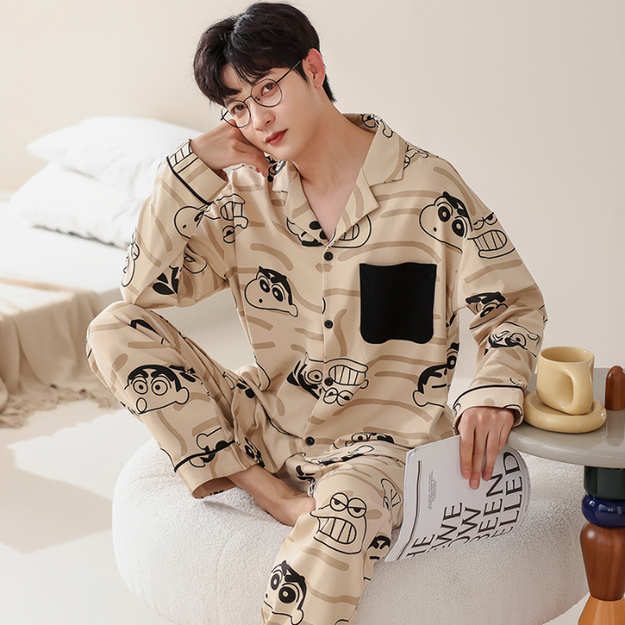 91家纺网 家纺一手货源 找家纺 春秋季新款纯棉休闲简约睡衣高级质量家居服夏季男士宽松舒适睡衣翻领 709男