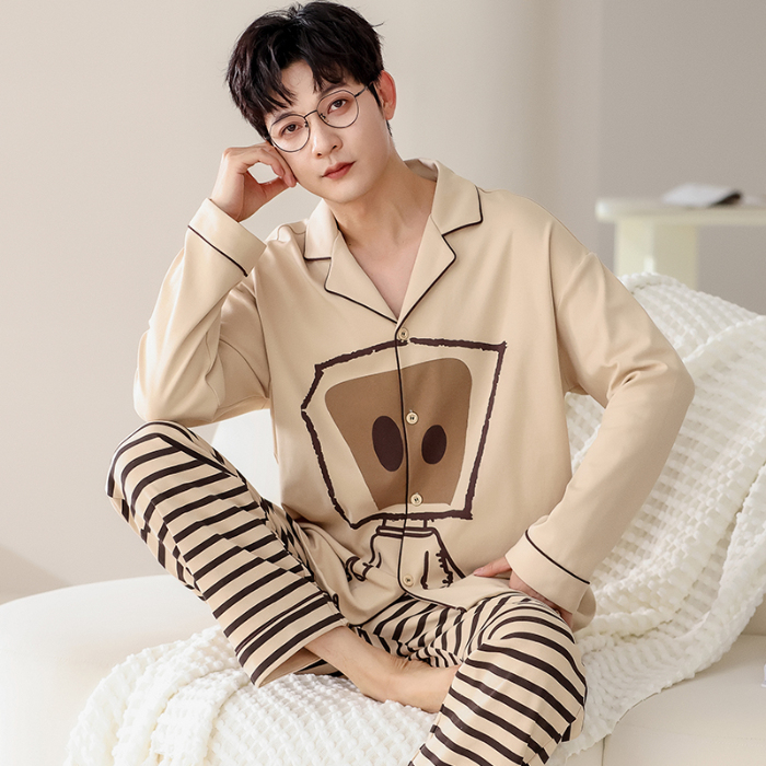 91家纺网 家纺一手货源 找家纺 春秋季新款纯棉休闲简约睡衣高级质量家居服夏季男士宽松舒适睡衣翻领 711男