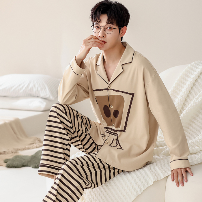 91家纺网 家纺一手货源 找家纺 春秋季新款纯棉休闲简约睡衣高级质量家居服夏季男士宽松舒适睡衣翻领 711男