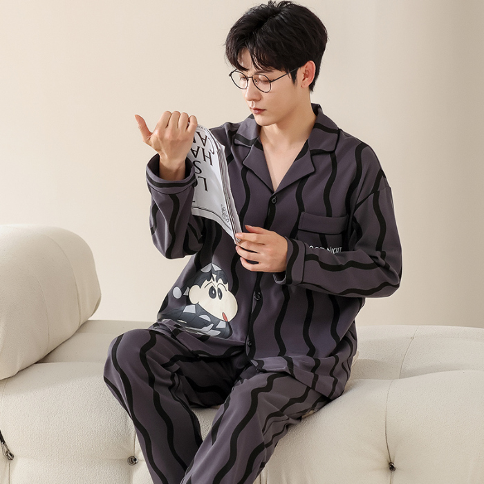 91家纺网 家纺一手货源 找家纺 春秋季新款纯棉休闲简约睡衣高级质量家居服夏季男士宽松舒适睡衣翻领 714男