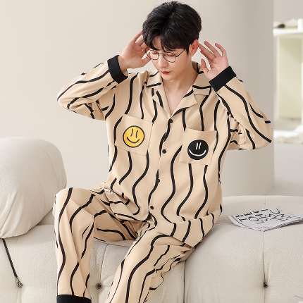 春秋季新款纯棉休闲简约睡衣高级质量家居服夏季男士宽松舒适睡衣翻领 715男