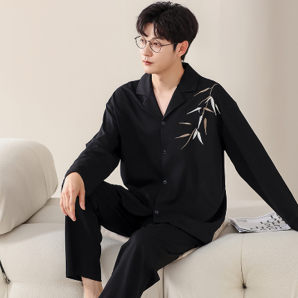 春秋季新款纯棉休闲简约睡衣高级质量家居服夏季男士宽松舒适睡衣翻领 717男