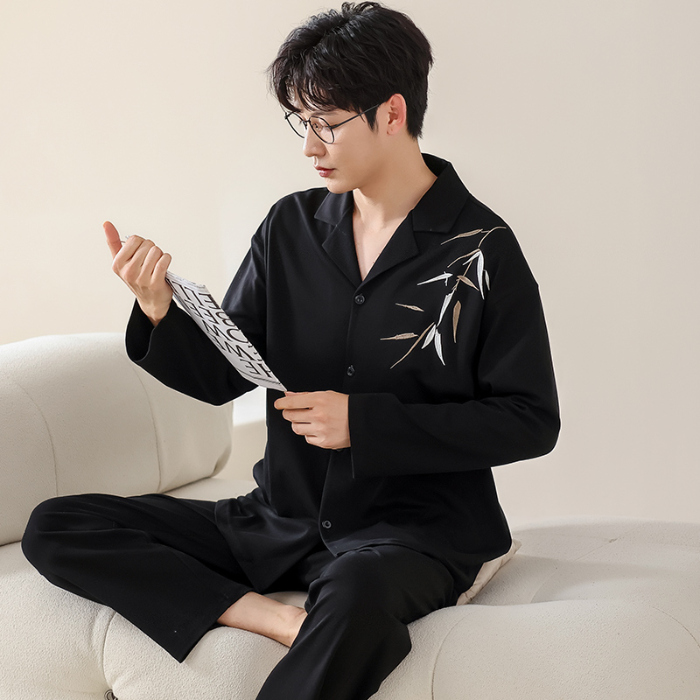 91家纺网 家纺一手货源 找家纺 春秋季新款纯棉休闲简约睡衣高级质量家居服夏季男士宽松舒适睡衣翻领 717男