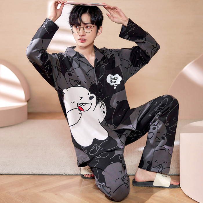 91家纺网 家纺一手货源 找家纺 春秋季新款纯棉休闲简约睡衣高级质量家居服夏季男士宽松舒适睡衣翻领 89202