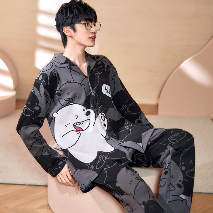 91家纺网 家纺一手货源 找家纺 春秋季新款纯棉休闲简约睡衣高级质量家居服夏季男士宽松舒适睡衣翻领 89202