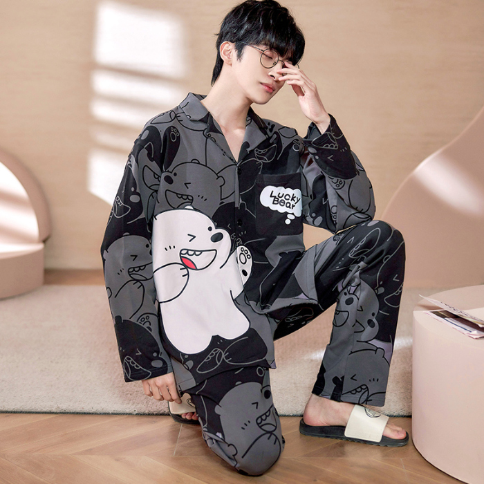 91家纺网 家纺一手货源 找家纺 春秋季新款纯棉休闲简约睡衣高级质量家居服夏季男士宽松舒适睡衣翻领 89202