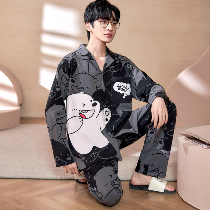 91家纺网 家纺一手货源 找家纺 春秋季新款纯棉休闲简约睡衣高级质量家居服夏季男士宽松舒适睡衣翻领 89202