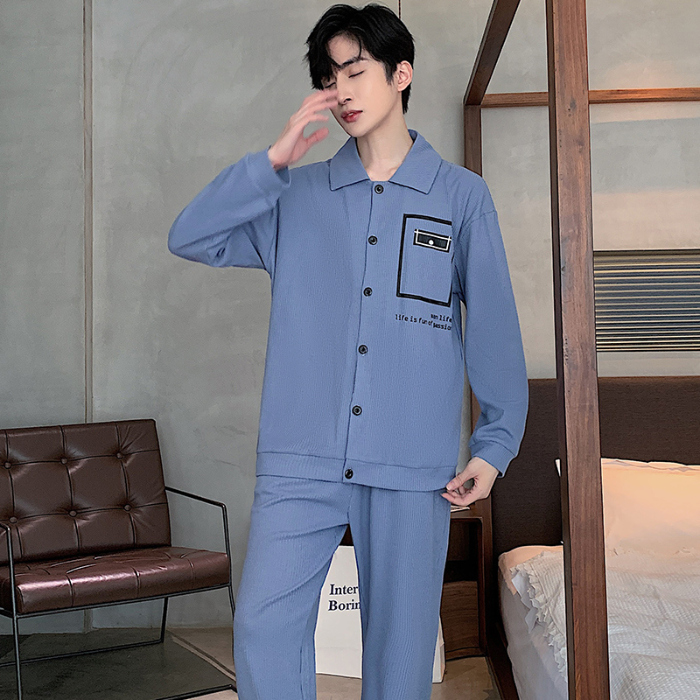 91家纺网 家纺一手货源 找家纺 春秋季新款纯棉休闲简约睡衣高级质量家居服夏季男士宽松舒适睡衣翻领 89250