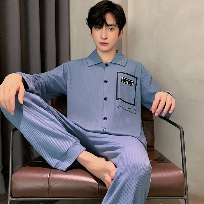 91家纺网 家纺一手货源 找家纺 春秋季新款纯棉休闲简约睡衣高级质量家居服夏季男士宽松舒适睡衣翻领 89250