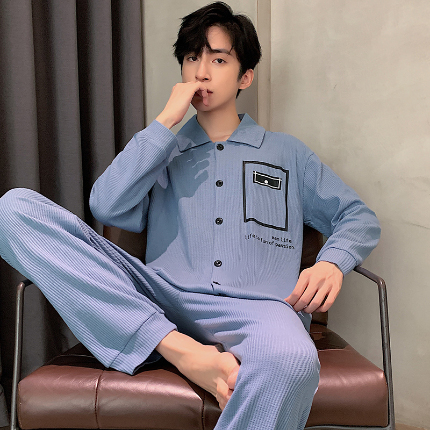 春秋季新款纯棉休闲简约睡衣高级质量家居服夏季男士宽松舒适睡衣翻领 89250
