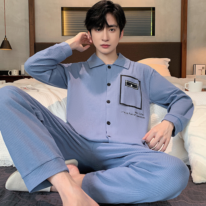91家纺网 家纺一手货源 找家纺 春秋季新款纯棉休闲简约睡衣高级质量家居服夏季男士宽松舒适睡衣翻领 89250