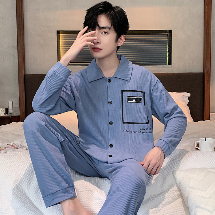 91家纺网 家纺一手货源 找家纺 春秋季新款纯棉休闲简约睡衣高级质量家居服夏季男士宽松舒适睡衣翻领 89250