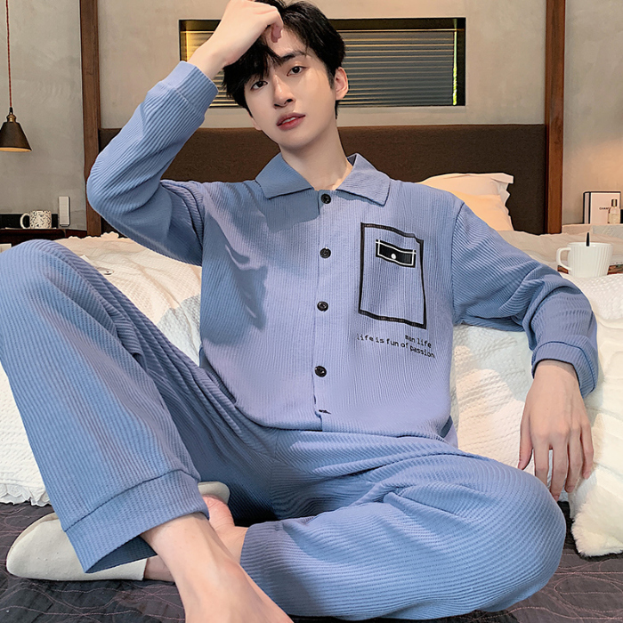 91家纺网 家纺一手货源 找家纺 春秋季新款纯棉休闲简约睡衣高级质量家居服夏季男士宽松舒适睡衣翻领 89250