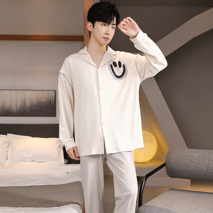 91家纺网 家纺一手货源 找家纺 春秋季新款纯棉休闲简约睡衣高级质量家居服夏季男士宽松舒适睡衣翻领 89267