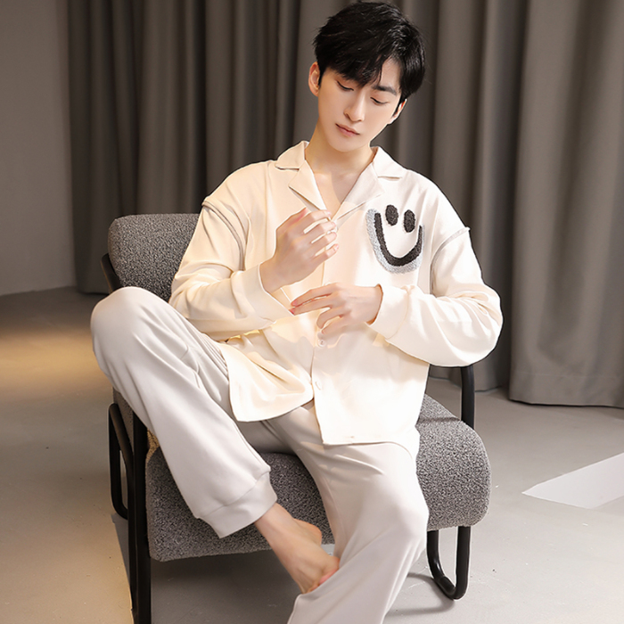 91家纺网 家纺一手货源 找家纺 春秋季新款纯棉休闲简约睡衣高级质量家居服夏季男士宽松舒适睡衣翻领 89267