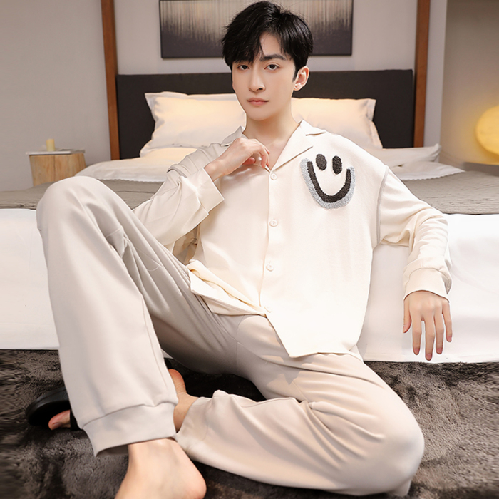 91家纺网 家纺一手货源 找家纺 春秋季新款纯棉休闲简约睡衣高级质量家居服夏季男士宽松舒适睡衣翻领 89267