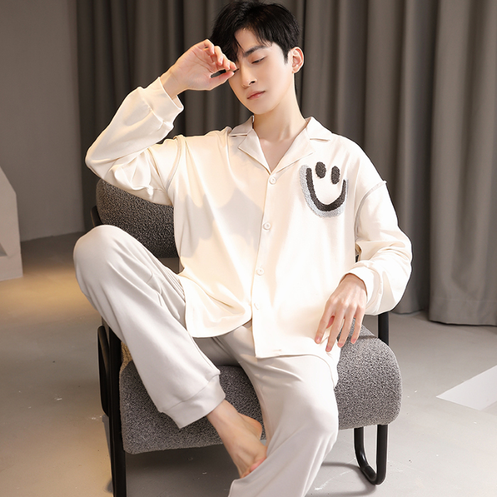 91家纺网 家纺一手货源 找家纺 春秋季新款纯棉休闲简约睡衣高级质量家居服夏季男士宽松舒适睡衣翻领 89267