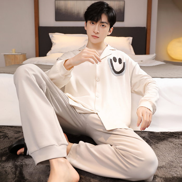 91家纺网 家纺一手货源 找家纺 春秋季新款纯棉休闲简约睡衣高级质量家居服夏季男士宽松舒适睡衣翻领 89267