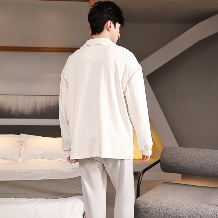 91家纺网 家纺一手货源 找家纺 春秋季新款纯棉休闲简约睡衣高级质量家居服夏季男士宽松舒适睡衣翻领 89267
