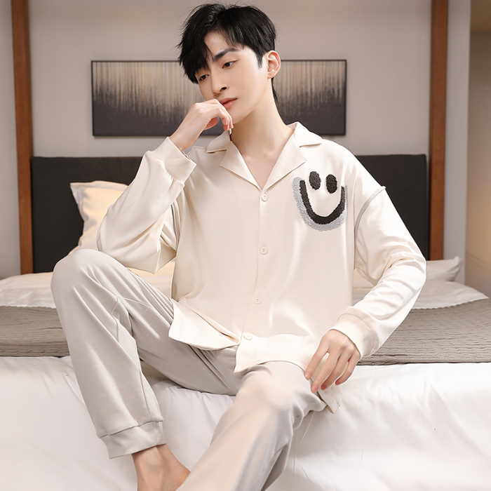 91家纺网 家纺一手货源 找家纺 春秋季新款纯棉休闲简约睡衣高级质量家居服夏季男士宽松舒适睡衣翻领 89267