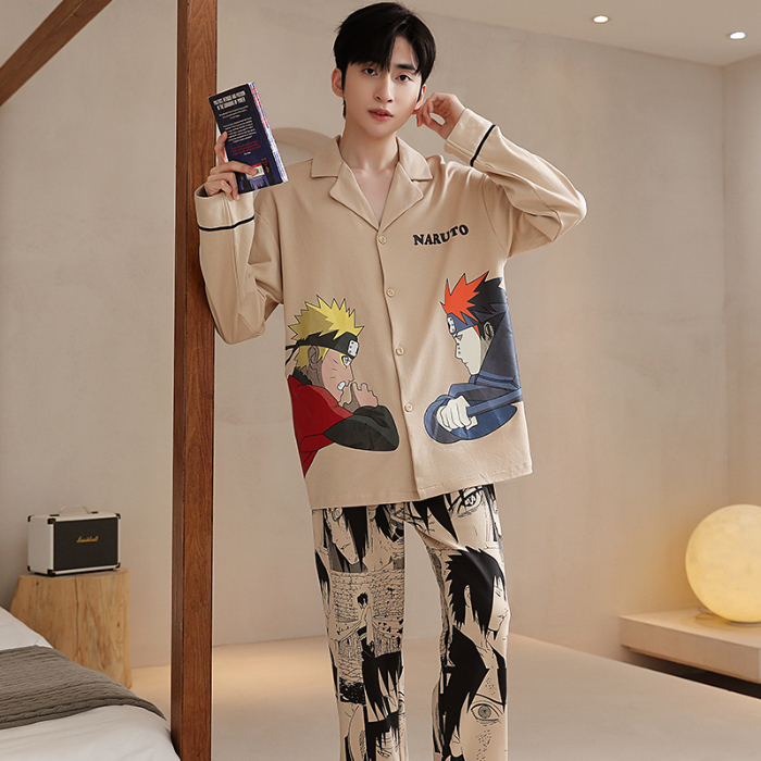 91家纺网 家纺一手货源 找家纺 春秋季新款纯棉休闲简约睡衣高级质量家居服夏季男士宽松舒适睡衣翻领 89286浅黄