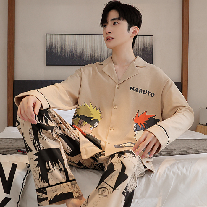 91家纺网 家纺一手货源 找家纺 春秋季新款纯棉休闲简约睡衣高级质量家居服夏季男士宽松舒适睡衣翻领 89286浅黄