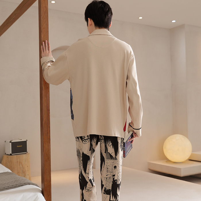 91家纺网 家纺一手货源 找家纺 春秋季新款纯棉休闲简约睡衣高级质量家居服夏季男士宽松舒适睡衣翻领 89286浅黄