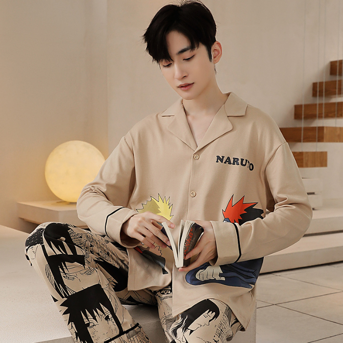 91家纺网 家纺一手货源 找家纺 春秋季新款纯棉休闲简约睡衣高级质量家居服夏季男士宽松舒适睡衣翻领 89286浅黄