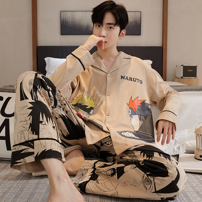 91家纺网 家纺一手货源 找家纺 春秋季新款纯棉休闲简约睡衣高级质量家居服夏季男士宽松舒适睡衣翻领 89286浅黄