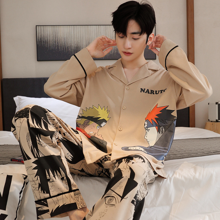 91家纺网 家纺一手货源 找家纺 春秋季新款纯棉休闲简约睡衣高级质量家居服夏季男士宽松舒适睡衣翻领 89286浅黄