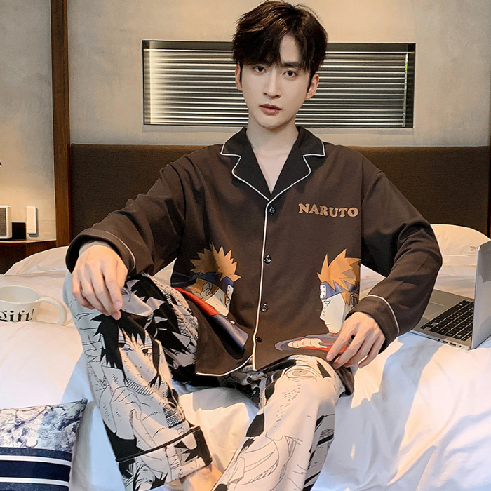 91家纺网 家纺一手货源 找家纺 春秋季新款纯棉休闲简约睡衣高级质量家居服夏季男士宽松舒适睡衣翻领 89286碳灰色