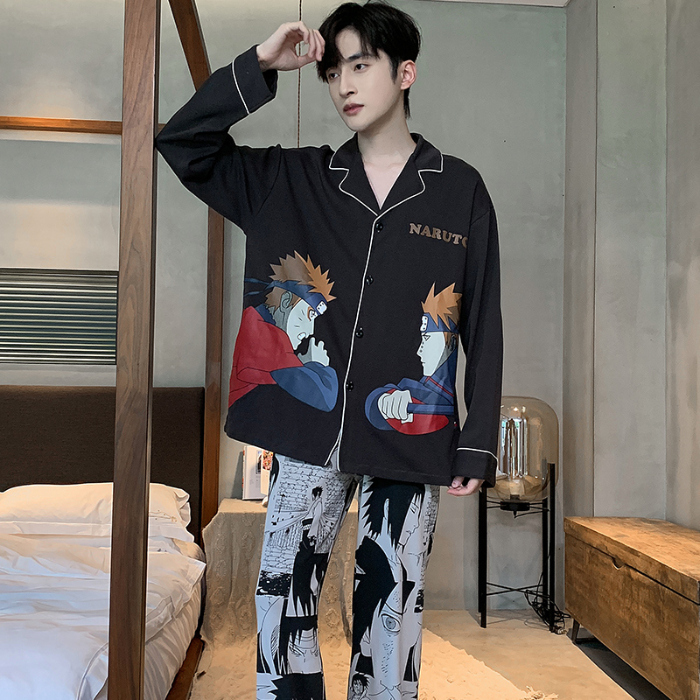 91家纺网 家纺一手货源 找家纺 春秋季新款纯棉休闲简约睡衣高级质量家居服夏季男士宽松舒适睡衣翻领 89286碳灰色