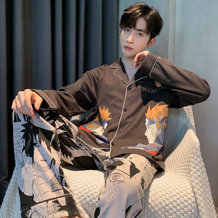 91家纺网 家纺一手货源 找家纺 春秋季新款纯棉休闲简约睡衣高级质量家居服夏季男士宽松舒适睡衣翻领 89286碳灰色