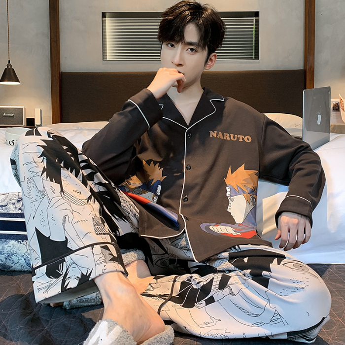 91家纺网 家纺一手货源 找家纺 春秋季新款纯棉休闲简约睡衣高级质量家居服夏季男士宽松舒适睡衣翻领 89286碳灰色