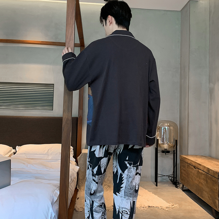 91家纺网 家纺一手货源 找家纺 春秋季新款纯棉休闲简约睡衣高级质量家居服夏季男士宽松舒适睡衣翻领 89286碳灰色