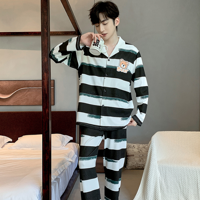 91家纺网 家纺一手货源 找家纺 春秋季新款纯棉休闲简约睡衣高级质量家居服夏季男士宽松舒适睡衣翻领 89297