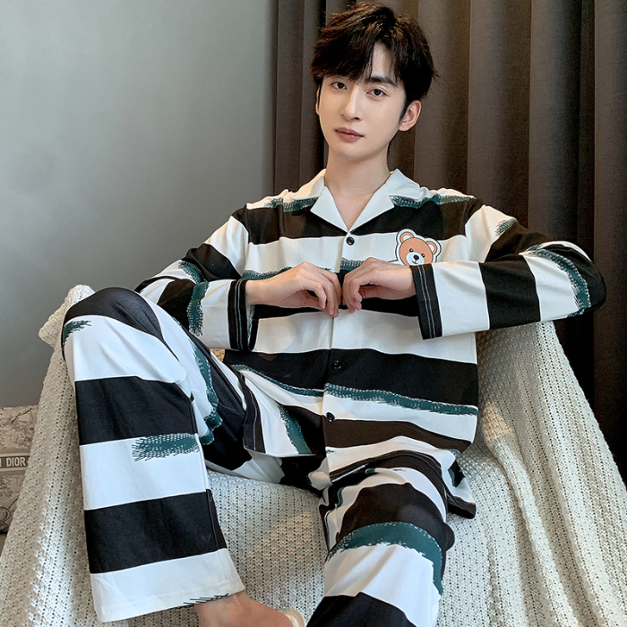 91家纺网 家纺一手货源 找家纺 春秋季新款纯棉休闲简约睡衣高级质量家居服夏季男士宽松舒适睡衣翻领 89297