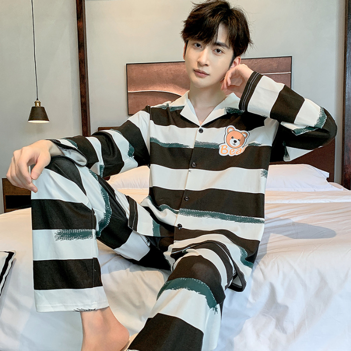 91家纺网 家纺一手货源 找家纺 春秋季新款纯棉休闲简约睡衣高级质量家居服夏季男士宽松舒适睡衣翻领 89297