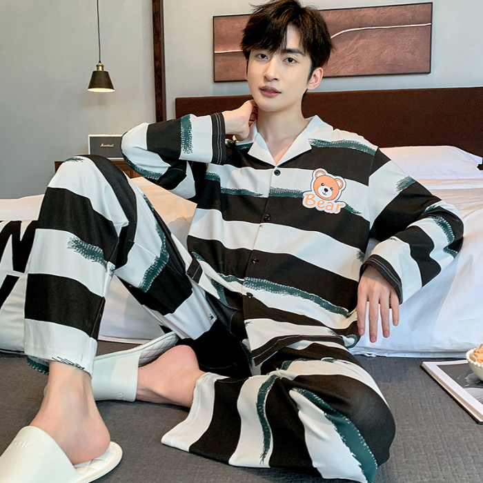 91家纺网 家纺一手货源 找家纺 春秋季新款纯棉休闲简约睡衣高级质量家居服夏季男士宽松舒适睡衣翻领 89297