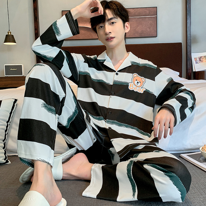 91家纺网 家纺一手货源 找家纺 春秋季新款纯棉休闲简约睡衣高级质量家居服夏季男士宽松舒适睡衣翻领 89297