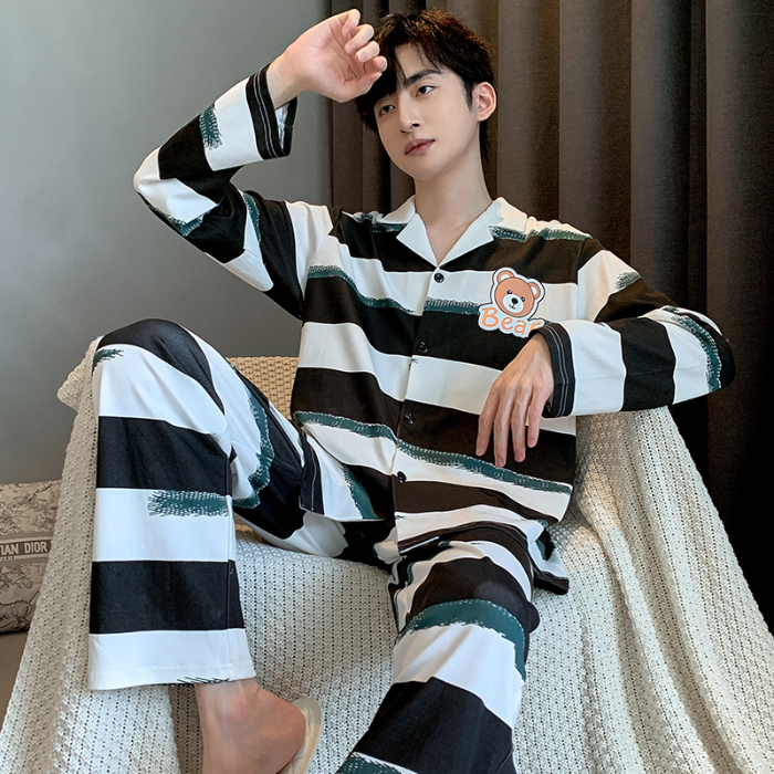 91家纺网 家纺一手货源 找家纺 春秋季新款纯棉休闲简约睡衣高级质量家居服夏季男士宽松舒适睡衣翻领 89297