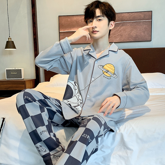 91家纺网 家纺一手货源 找家纺 春秋季新款纯棉休闲简约睡衣高级质量家居服夏季男士宽松舒适睡衣翻领 89298