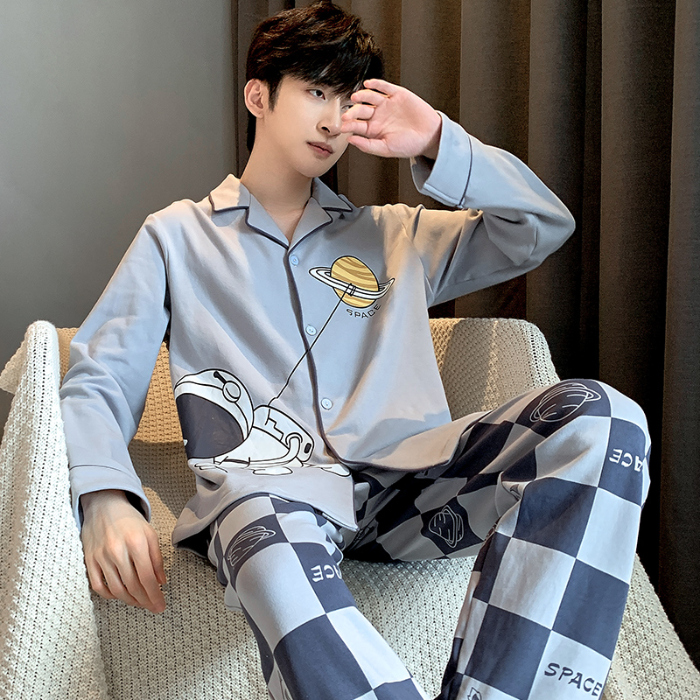 91家纺网 家纺一手货源 找家纺 春秋季新款纯棉休闲简约睡衣高级质量家居服夏季男士宽松舒适睡衣翻领 89298