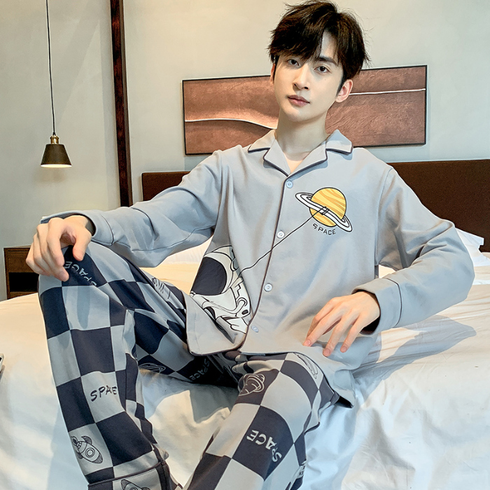 91家纺网 家纺一手货源 找家纺 春秋季新款纯棉休闲简约睡衣高级质量家居服夏季男士宽松舒适睡衣翻领 89298