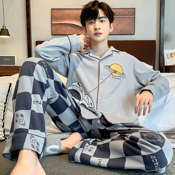 91家纺网 家纺一手货源 找家纺 春秋季新款纯棉休闲简约睡衣高级质量家居服夏季男士宽松舒适睡衣翻领 89298