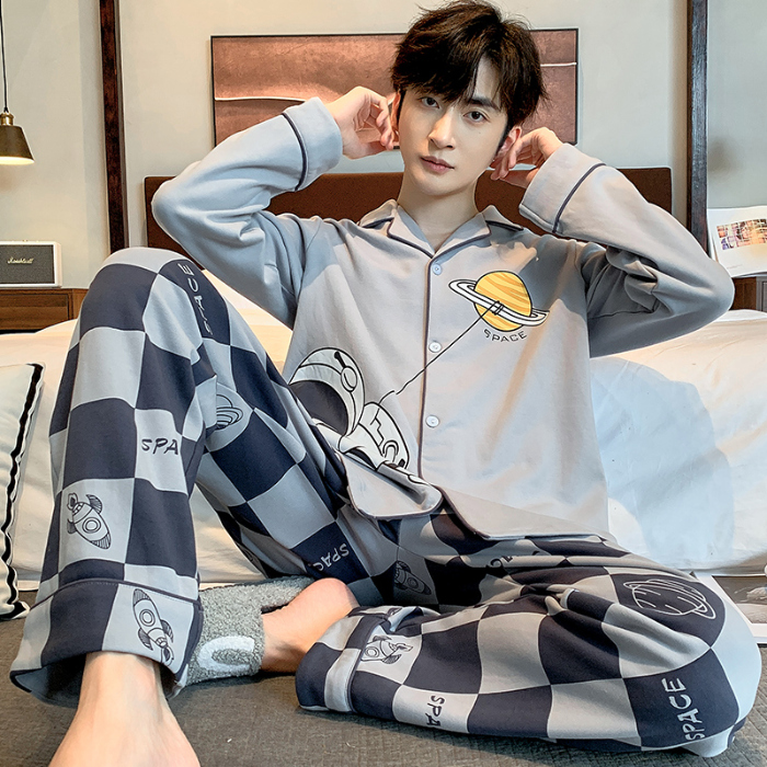 91家纺网 家纺一手货源 找家纺 春秋季新款纯棉休闲简约睡衣高级质量家居服夏季男士宽松舒适睡衣翻领 89298