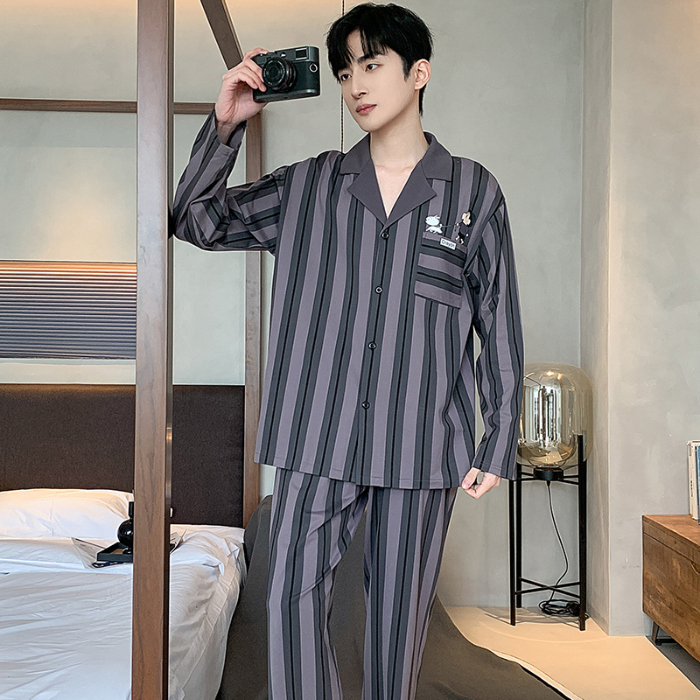 91家纺网 家纺一手货源 找家纺 春秋季新款纯棉休闲简约睡衣高级质量家居服夏季男士宽松舒适睡衣翻领 89314